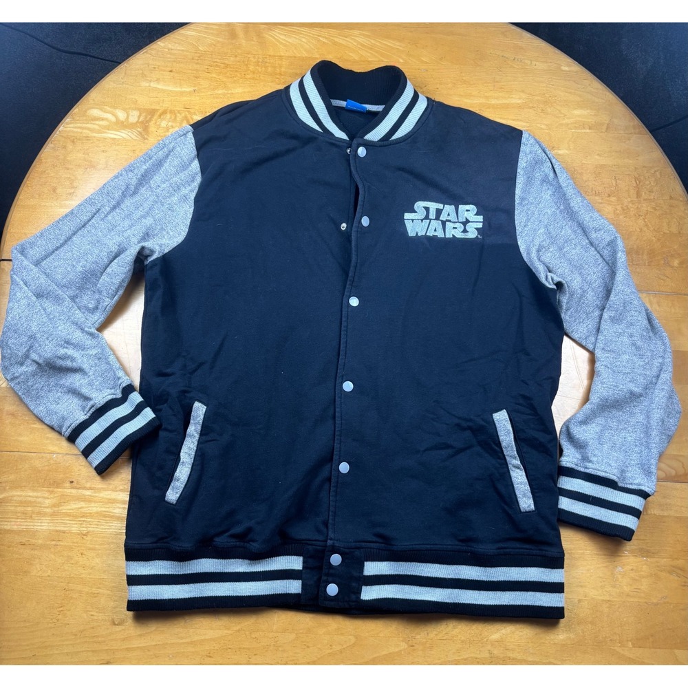 Star Wars Mens XXL Varsity Bomber Jacket Black Gray Snap Front Fleece Lined Logo